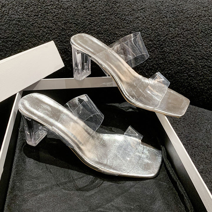 Women Transparent PVC Mules with Clear Block Heel and Metallic Footbed Mune Fashion