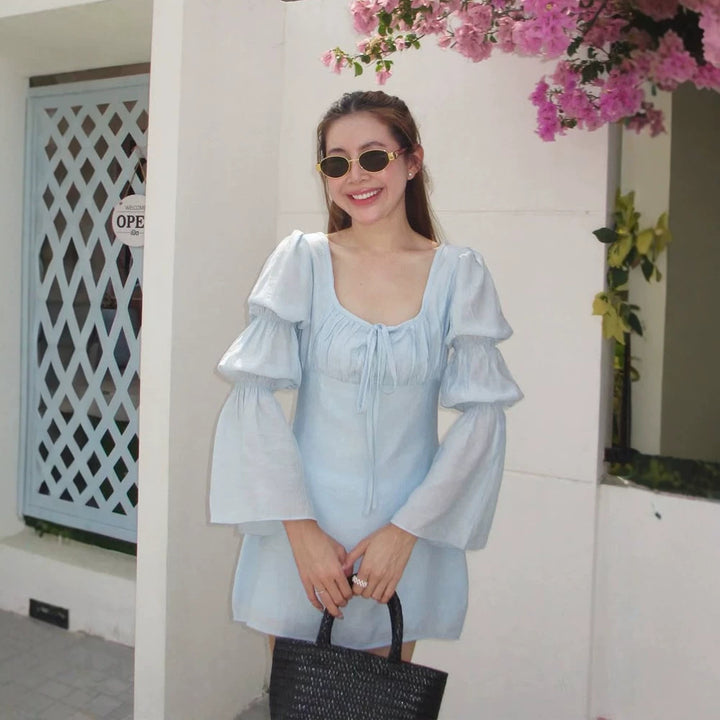 Women’s lightly waist-accentuating mini dress with layered flounce sleeves & lacing detail Mune Fashion