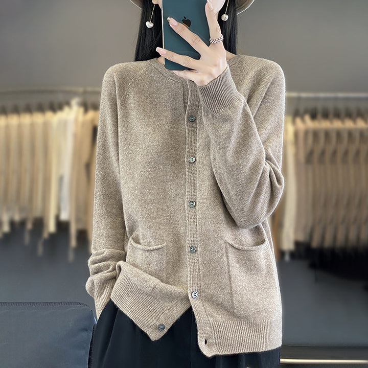 Women's Long Fine Knit Cardigan with Round Neck, In-seam Pockets and Alpaca Mix Mune Fashion