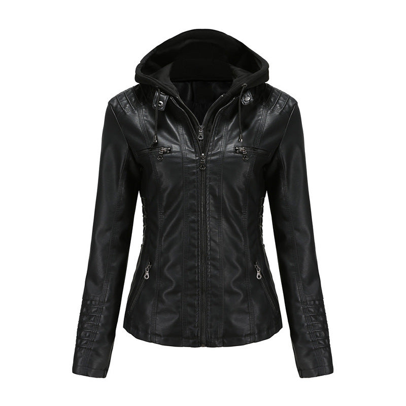 Women Tailored Faux Leather Jacket with Removable Hood and Zipper Mune Fashion