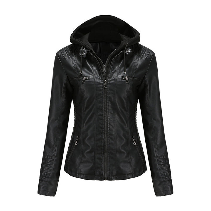 Women Tailored Faux Leather Jacket with Removable Hood and Zipper Mune Fashion