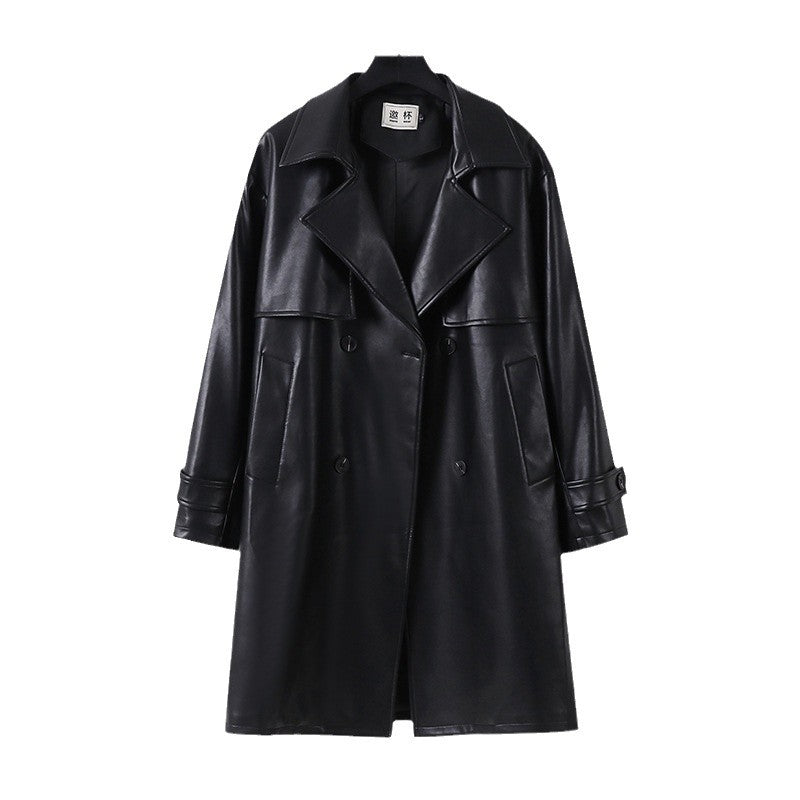 Men's Faux Leather Trench Coat with Double-Breasted, Oversized Cut and Cuff Straps Mune Fashion
