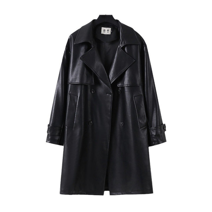 Men's Faux Leather Trench Coat with Double-Breasted, Oversized Cut and Cuff Straps Mune Fashion