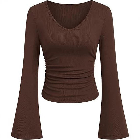 Women's Ribbed Crop Top with V-Neck, Tailored Gathering and Flared Trumpet Sleeves Mune Fashion