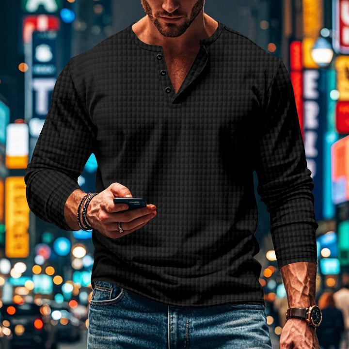 Men's fitted long-sleeve shirt with round neck button placket and waffle structure Mune Fashion