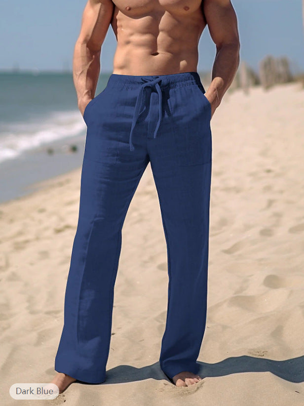 Men's loose resort leisure pants in palazzo style made of linen blend with drawstring and side inset pockets Mune Fashion