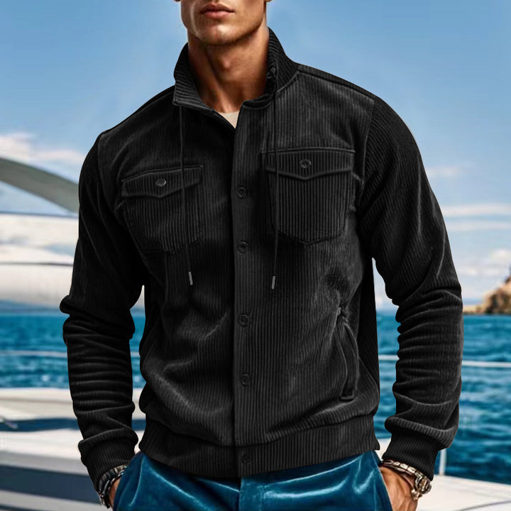 Men's casual fine ribbed cord jacket with stand-up collar, chest pockets and elastic hem Mune Fashion