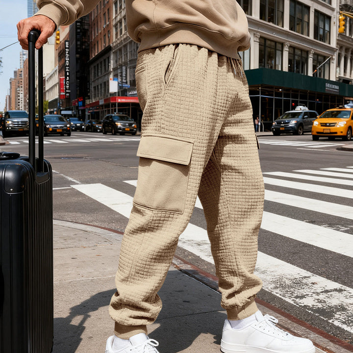 Men's Textured Cargo Jogging Pants with Drawstring, Snap Flap Pockets and Ribbed Cuffs Mune Fashion