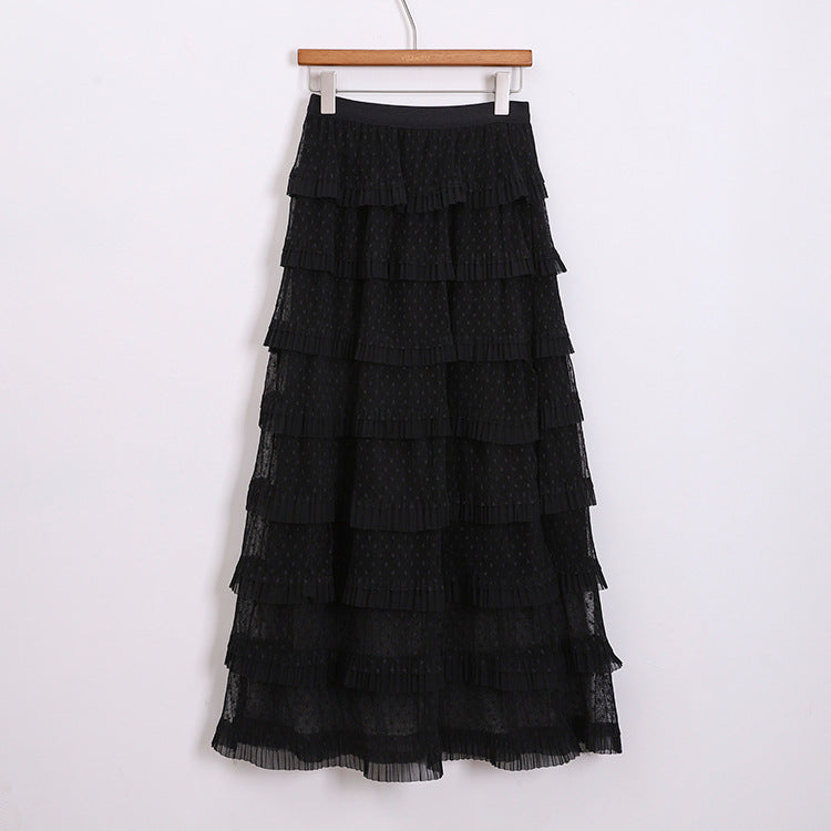Women's multi-layered midi skirt with polka dot chiffon ruffles and elastic comfort waistband Mune Fashion