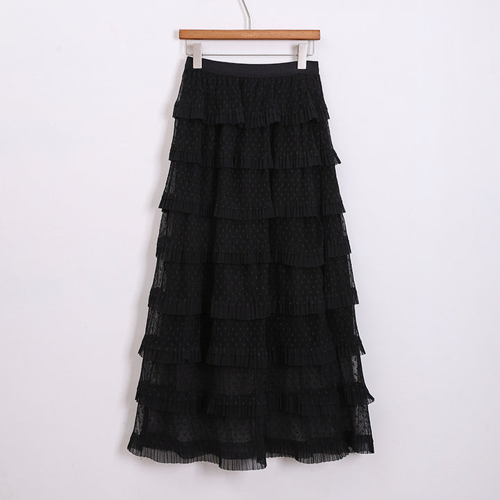 Women's multi-layered midi skirt with polka dot chiffon ruffles and elastic comfort waistband Mune Fashion
