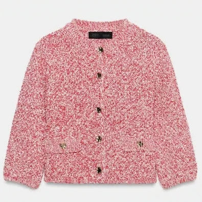 Women Boucle Cardigan in Cropped Boxy Cut with Decorative Buttons and Flap Pockets Mune Fashion