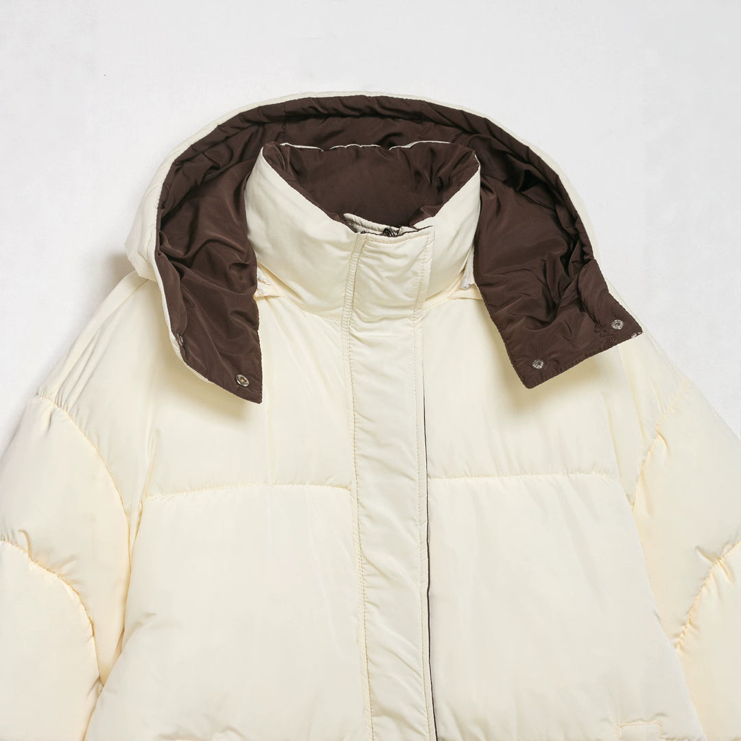 Women's Short Oversized Quilted Jacket with High Collar and Detachable Hood Drune
