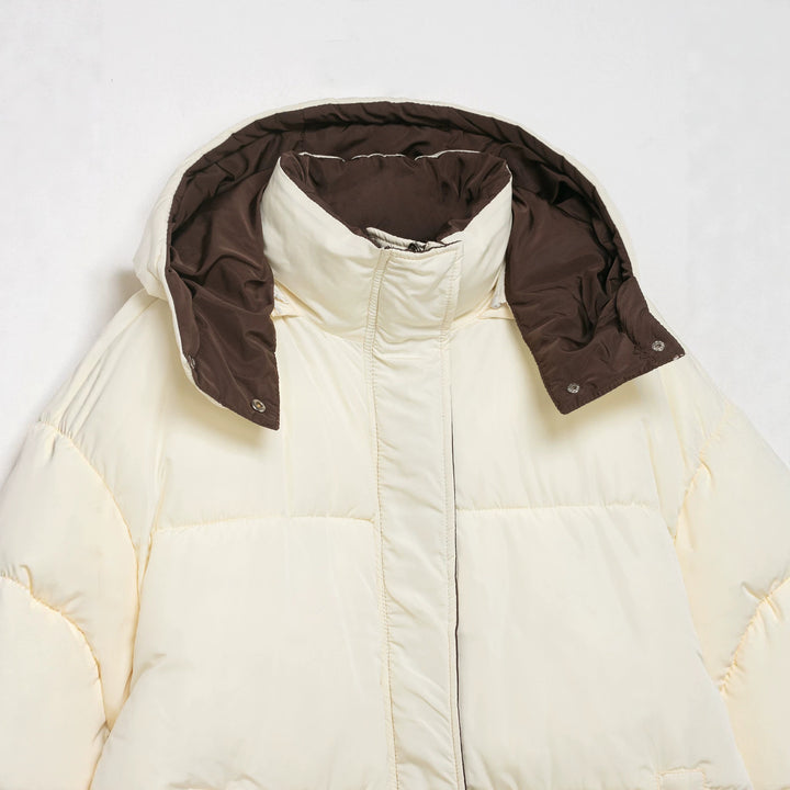 Women's Short Oversized Quilted Jacket with High Collar and Detachable Hood Drune