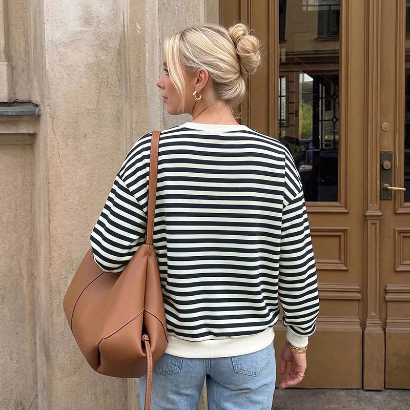 Ladies Oversize Cotton Sweatshirt with Maritime Stripes and Decorative Bows Mune Fashion