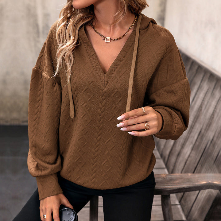 Women's Structured Cable Knit Hooded Sweatshirt with V-Neck and Balloon Sleeves Mune Fashion