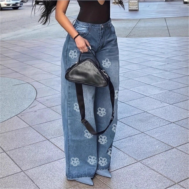 Ladies High-Waist Wide-Leg Denim Jeans with Floral Allover Embroidery Mune Fashion