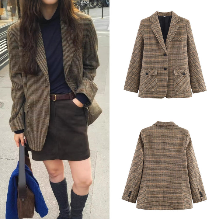 Women's Glencheck Blazer with Notch Lapels, Patch Pockets and Tailored Silhouette Mune Fashion