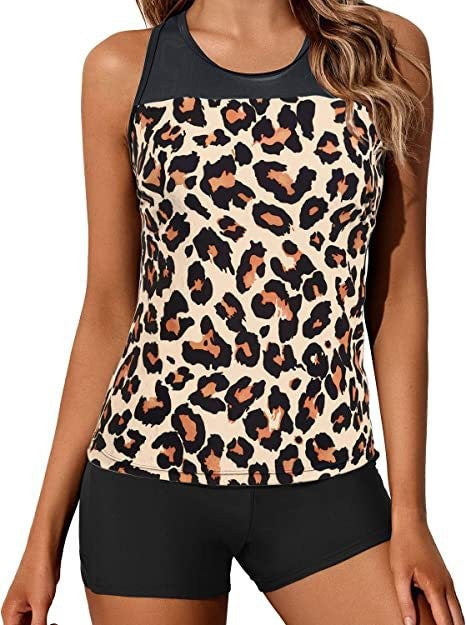 Women's Sporty Tankini Set with Decorative Leo Pattern Mune Fashion