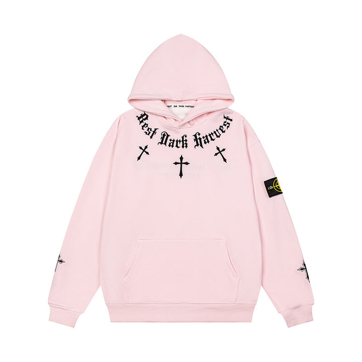 Unisex Oversize Hoodie with Gothic Cross Print, Kangaroo Pocket and Ribbed Cuffs Mune Fashion