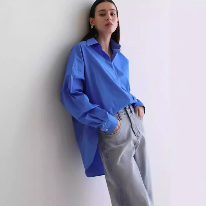 Women's Oversized Poplin Shirt with High Stand Collar, Boxy Fit and Dropped Shoulders Mune Fashion