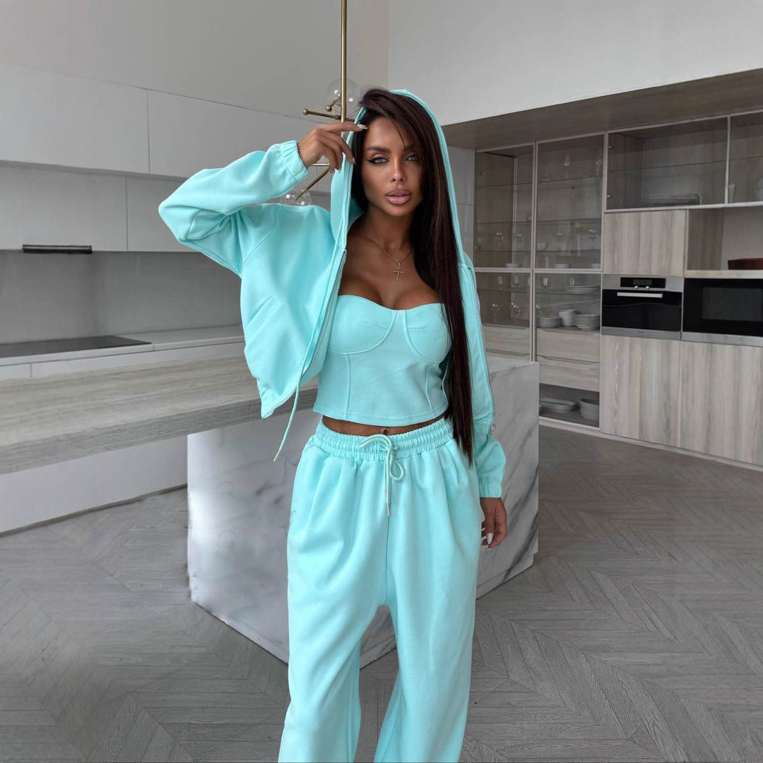Women Casual Hoodie Set with Fitted Top and Loose Jogging Pants Mune