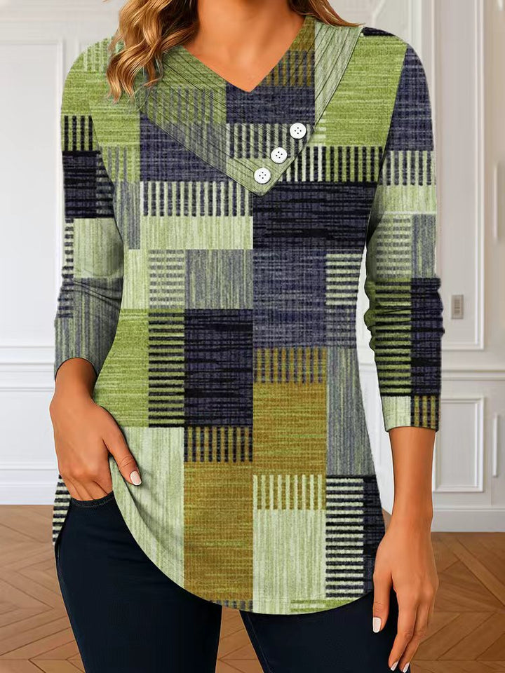 Women's long sleeve tunic with asymmetric V-neck, decorative button placket, and checkered patchwork pattern Mune Fashion