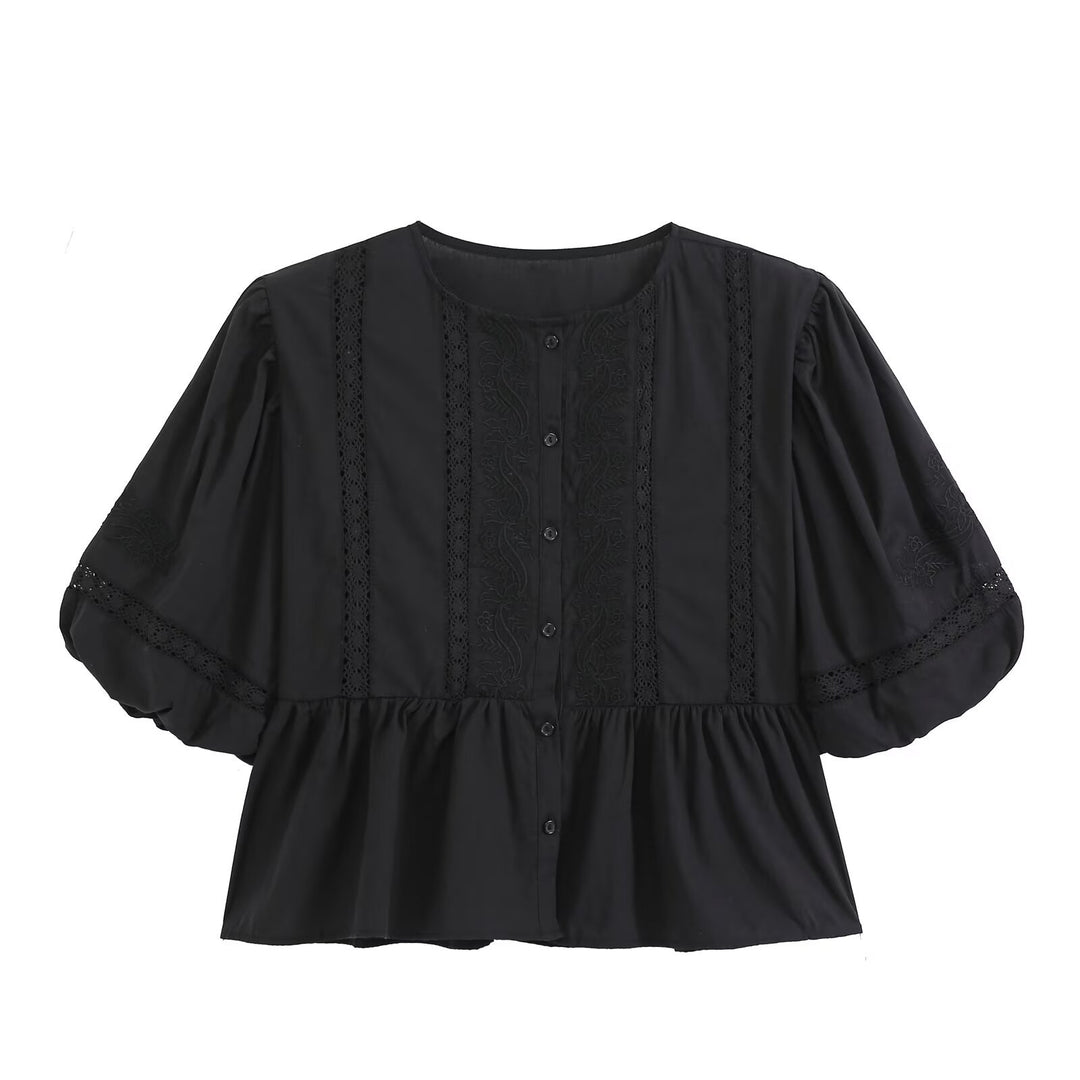 Women's Lace Trim Blouse Tunic with Button Placket and Balloon Sleeves Mune Fashion
