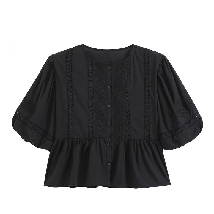 Women's Lace Trim Blouse Tunic with Button Placket and Balloon Sleeves Mune Fashion