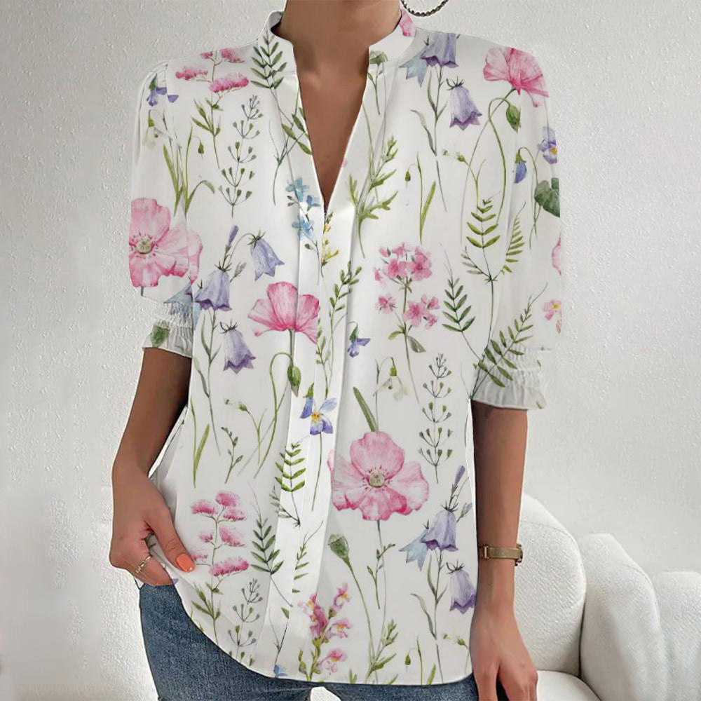 Women Floral Print Tunic Blouse with Stand Collar, Slit V-Placket and Gathered 3/4 Sleeves Mune Fashion
