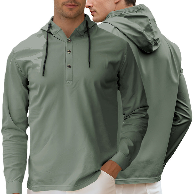 Men's Hooded Henley Long Sleeve Shirt made of lightweight stretch jersey with drawstring Mune Fashion