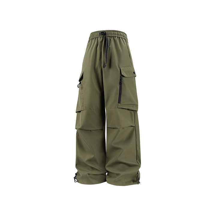 Unisex Wide technical cargo pants with multi-function pockets, drawstring and adjustable leg hems Drune