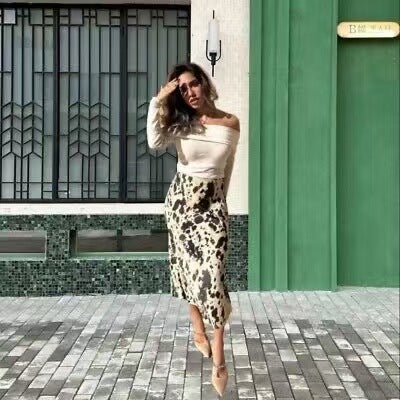 Women's Long Satin Skirt in Bias Cut with Abstract Animal Print Mune Fashion