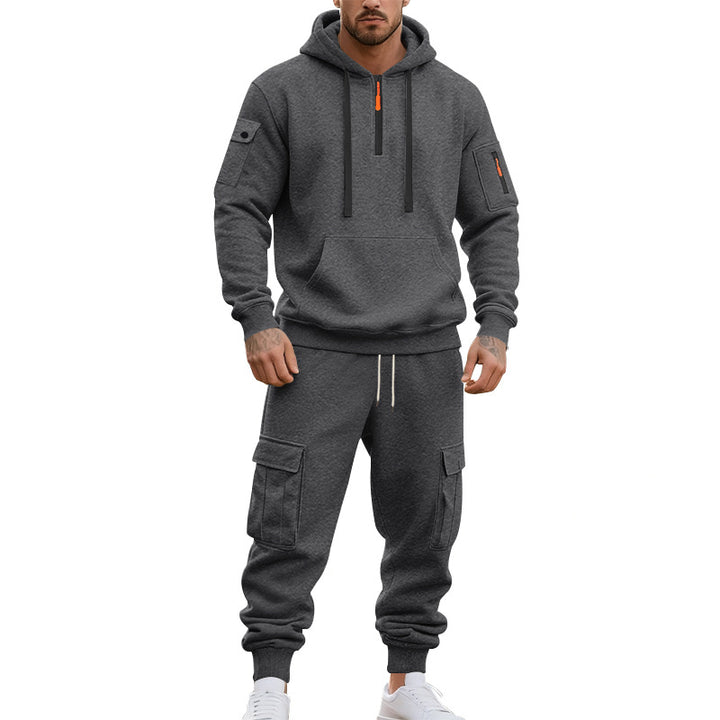 Men's two-piece utility casual set hoodie with half-high zipper, arm pocket, and cargo jogging pants with flap pockets Mune Fashion