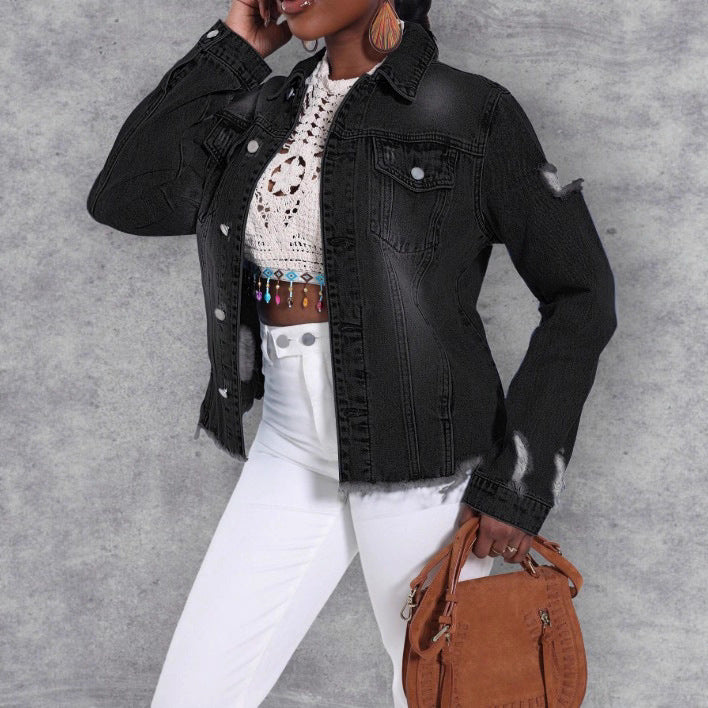Women's Distressed Denim Jacket with Frayed Hem and Relaxed Fit Mune Fashion