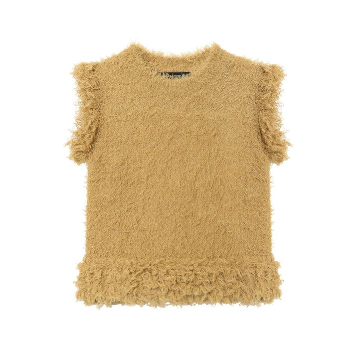 Women's fluffy sleeveless teddy top with round neckline and fringes Mune Fashion