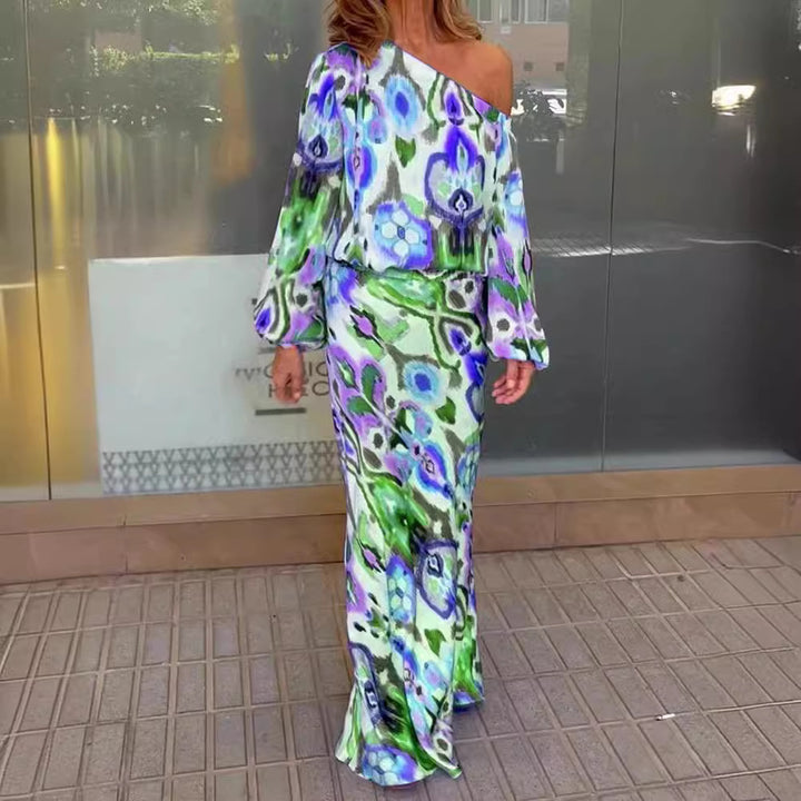 Women's maxi dress with asymmetric one-shoulder, flowing satin and bell sleeves Drune