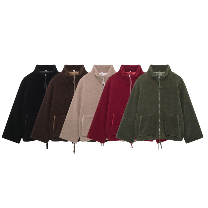 Women's Teddy Fleece Jacket with Stand-up Collar and Leather-Look Details Mune Fashion