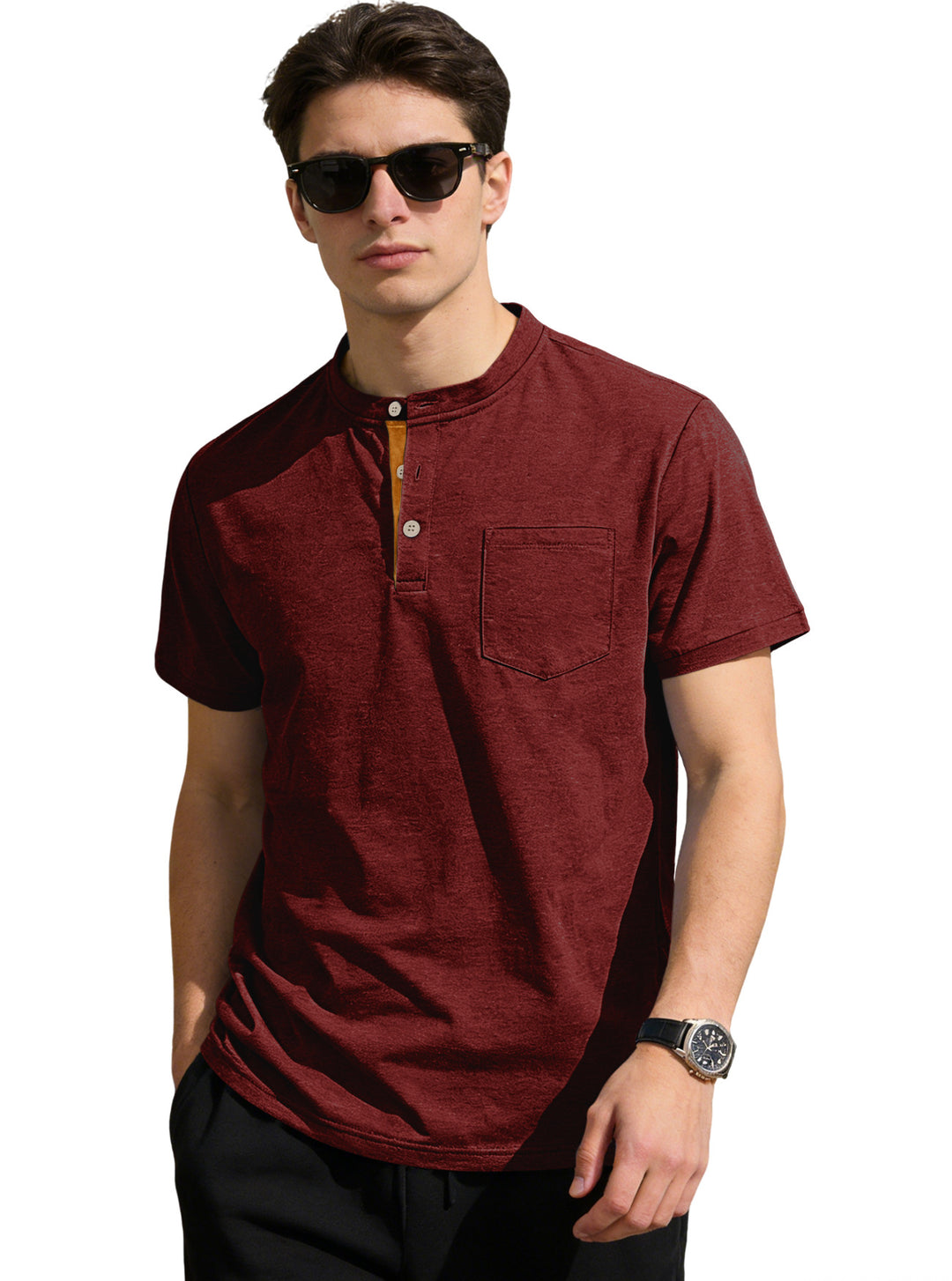 Men's structured cotton henley shirt with short stand-up collar button placket and chest pocket Mune Fashion