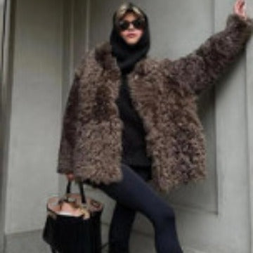 Women's Oversized Faux Fur Coat with High Collar and Teddy Texture Mune Fashion
