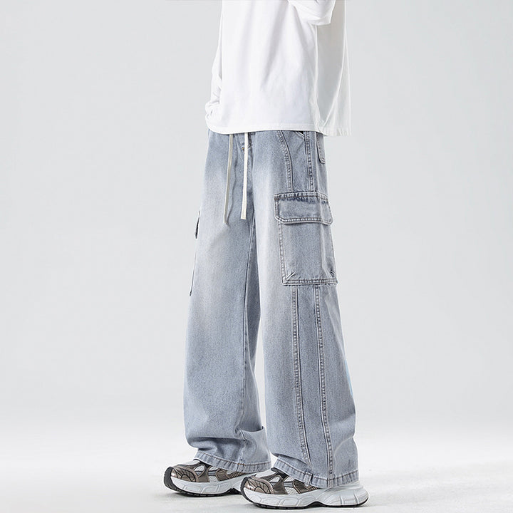 Men's Stonewashed Denim Cargo Palazzo with Extra Wide Legs and Visible Decorative Stitching Mune Fashion