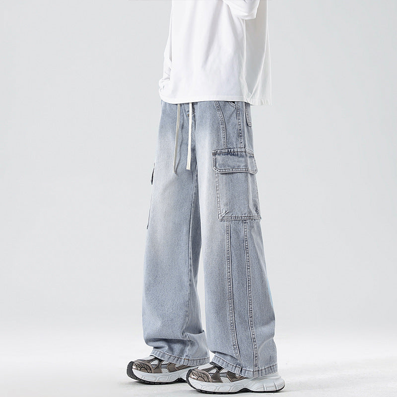 Men's Stonewashed Denim Cargo Palazzo with Extra Wide Legs and Visible Decorative Stitching Mune Fashion