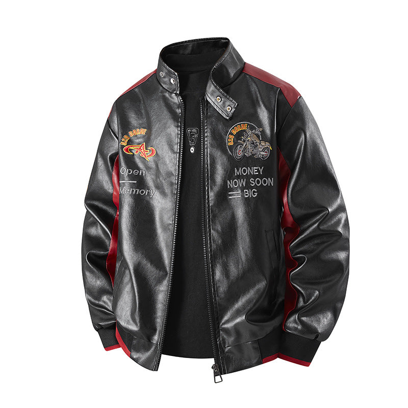 Men's stylish faux leather blouson with embroidered emblems and contrasting side panels Mune Fashion