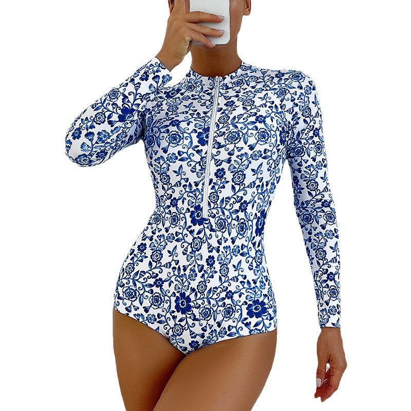 Women's One-Piece Swimsuit with High Neck Collar and Floral Pattern Mune Fashion