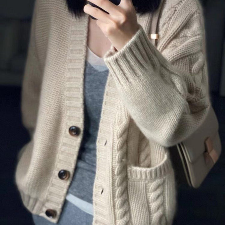Women's Oversized Knit Cardigan with Cable Detail, Front Pockets and Button Placket Mune Fashion
