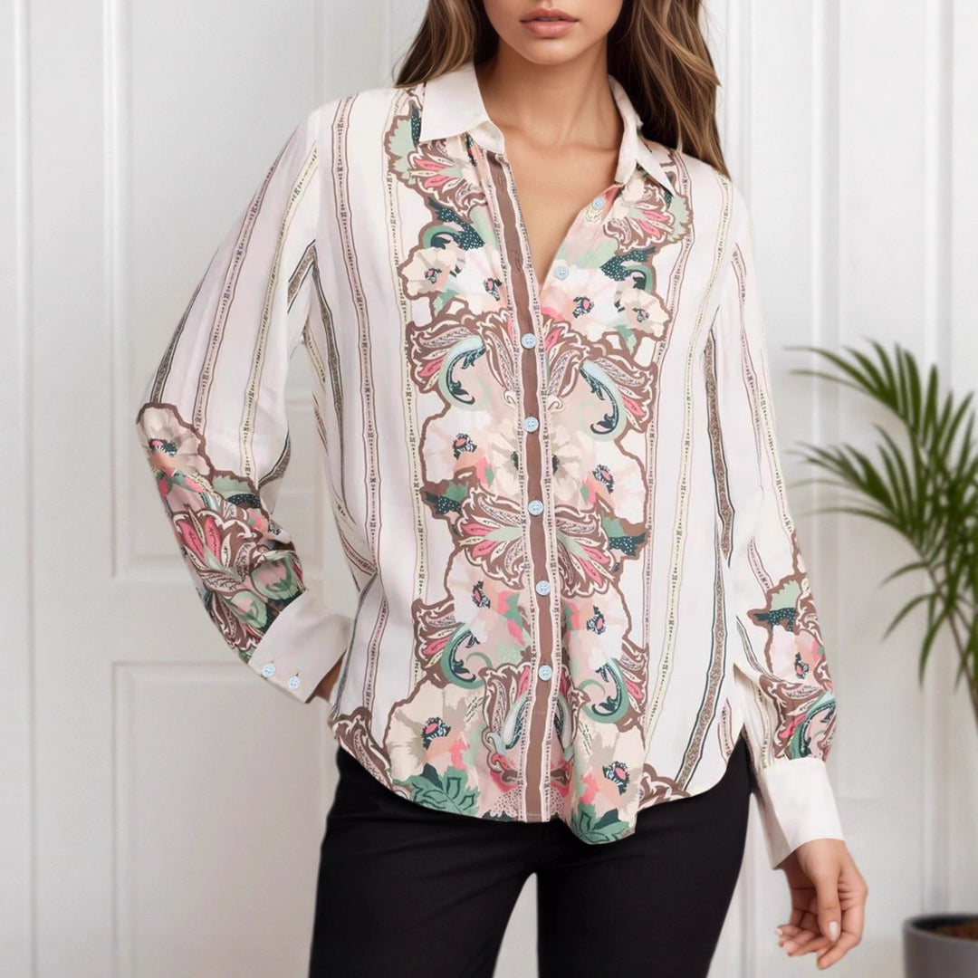 Women Patterned Silk Look Blouse with Balloon Sleeves Mune Fashion