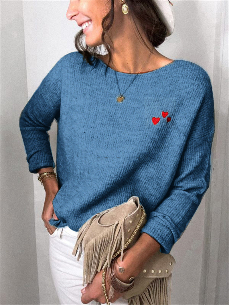 Ladies Oversize Knit Sweater with Heart Embroidery and Wide Boat Neck Drune