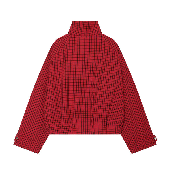 Women's Cropped Bomber Jacket with High Stand-Up Collar, Checkered Pattern and Elastic Hem Mune Fashion