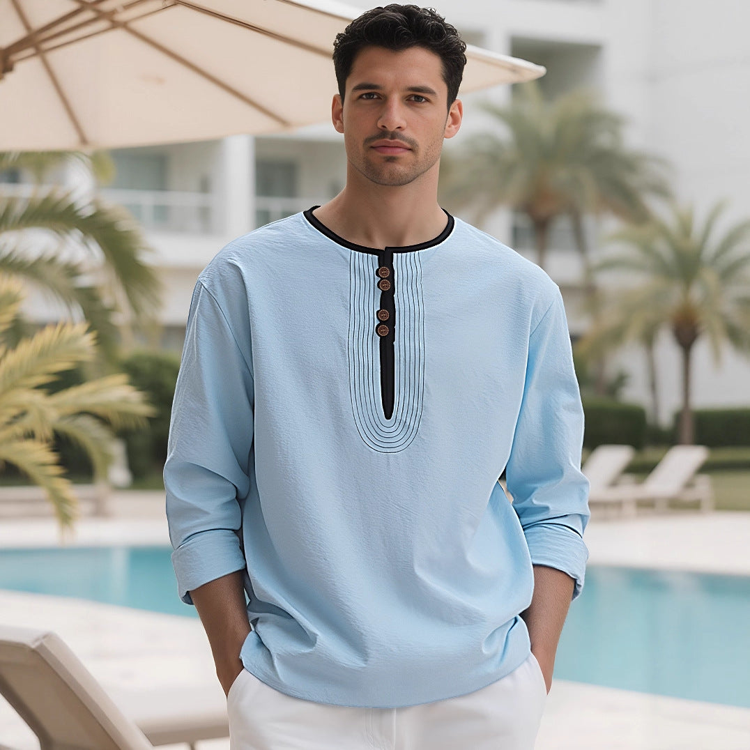 Men's loosely cut long sleeve kurta top with decorative pleats and wooden button placket Mune Fashion