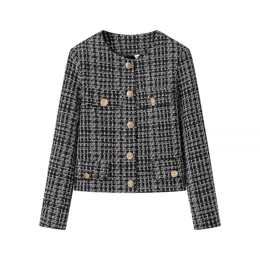 Women's short bouclé tweed jacket with round neck, decorative gold buttons, and patch pockets Mune Fashion