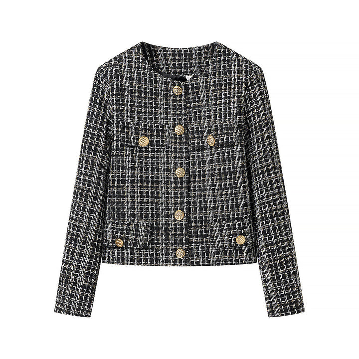 Women's short bouclé tweed jacket with round neck, decorative gold buttons, and patch pockets Mune Fashion